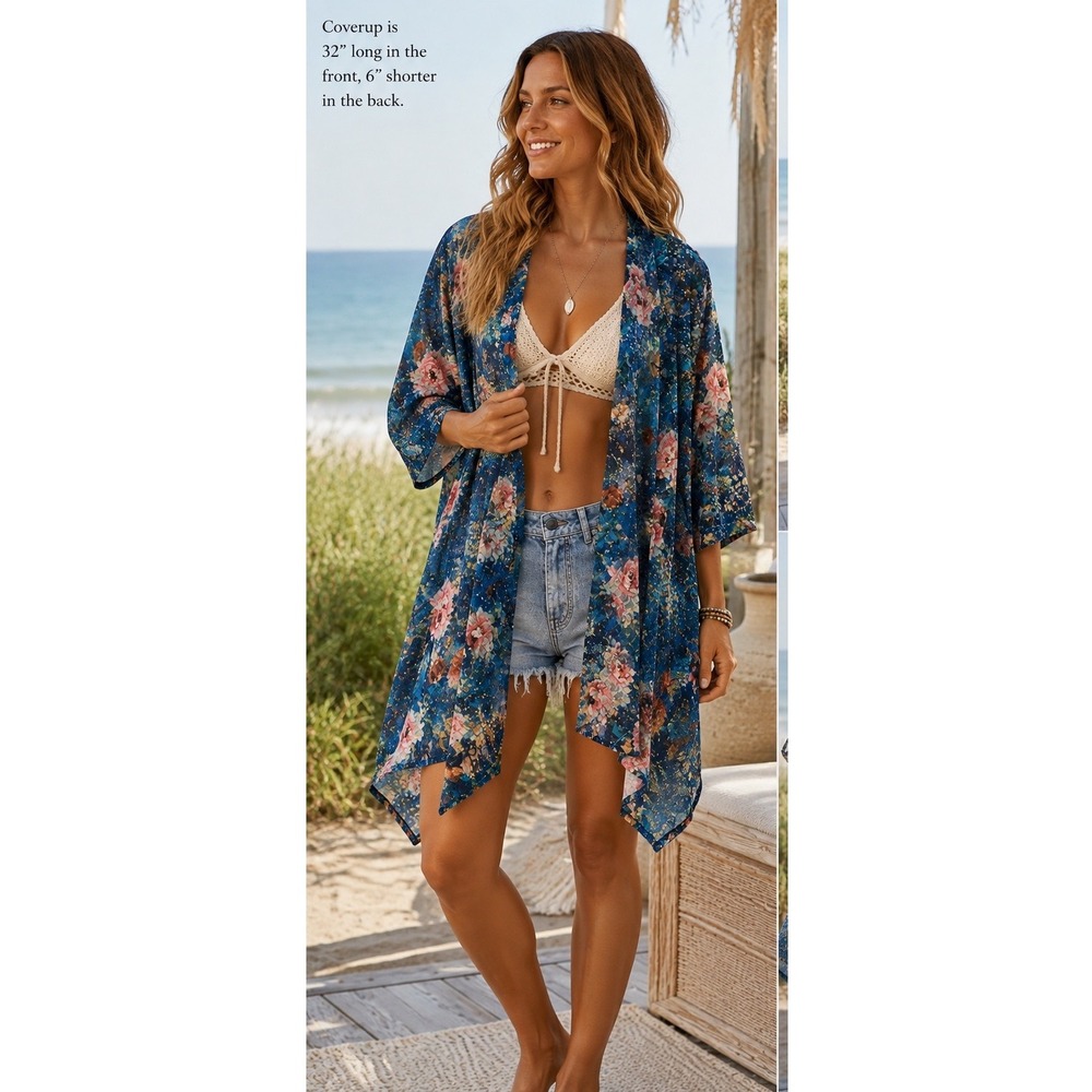 Draper's & Damon's Blue Floral Lace Kimono Sheer Boho Beach Cover Up XL